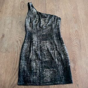 One shoulder mini dress, black, gold, silver